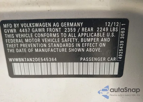 2013 Volkswagen Cc 2.0T Sport Plus from USA, damaged, VIN WVWBN7AN2DE545364